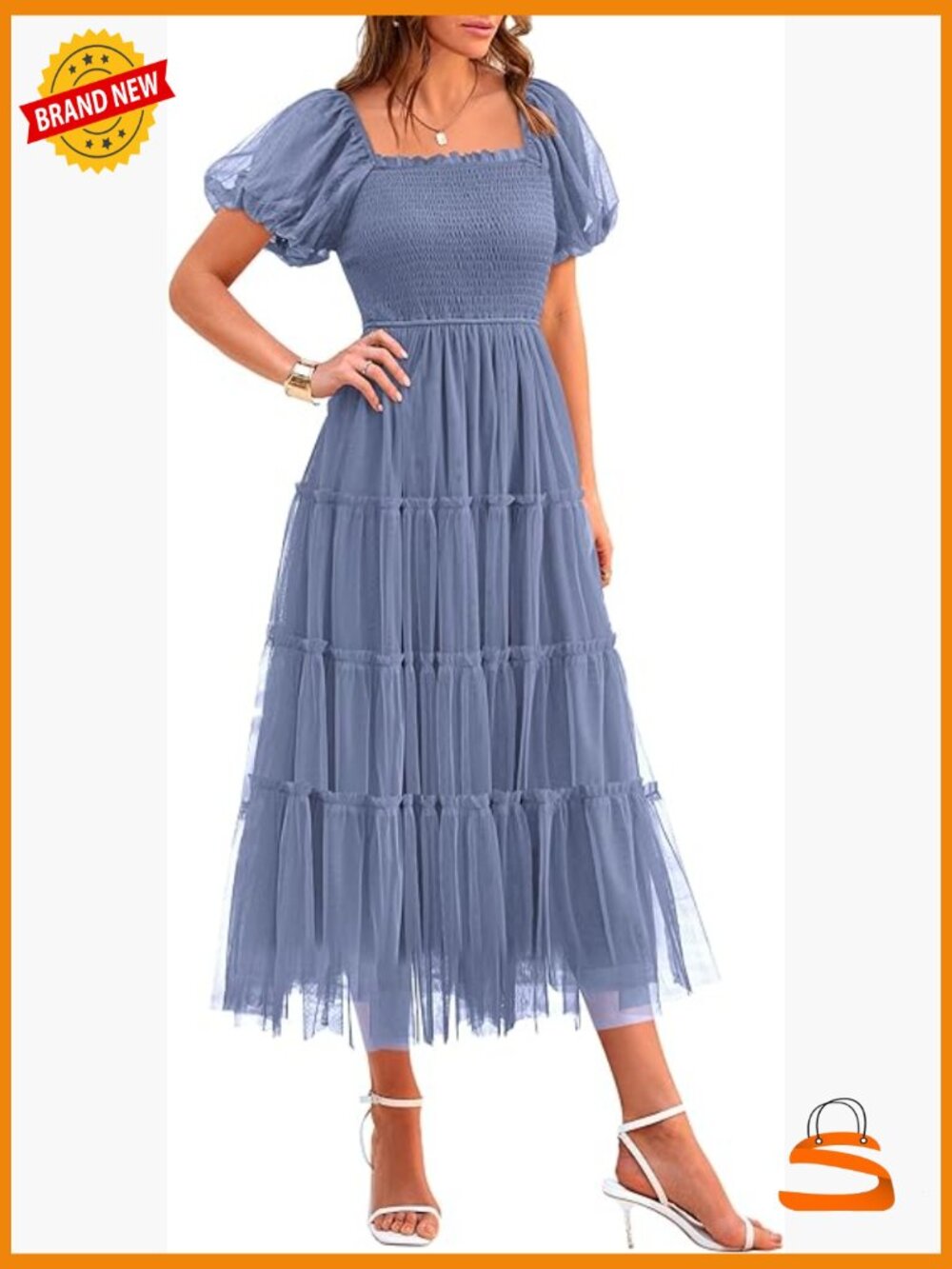 Women's Smocked Midi Tulle Dress Puffy Short Sleeve Square Neck Ruffle Wedding